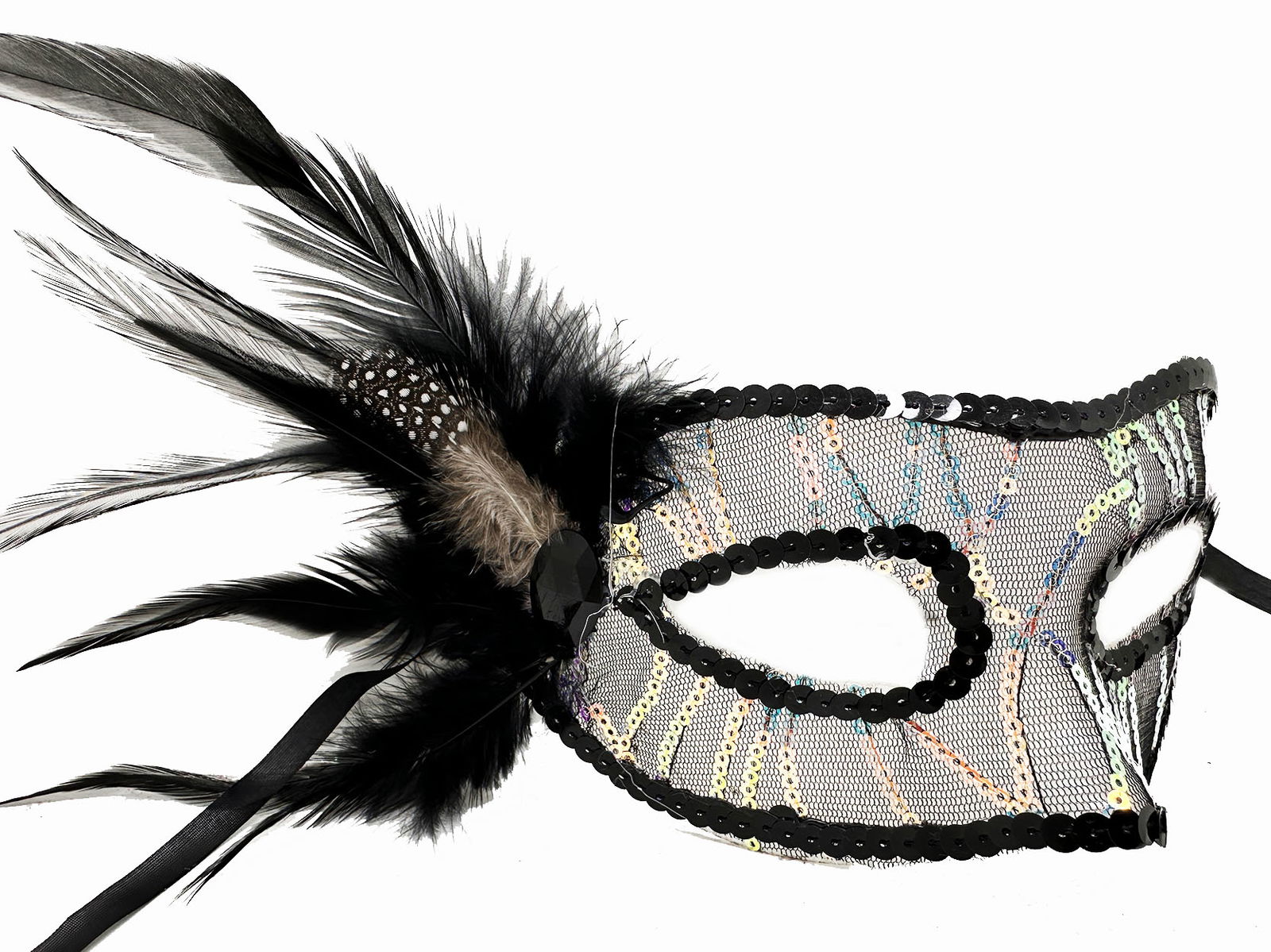 Black Color Side Feather Sequin Embroidered Party Mask 23x12 cm