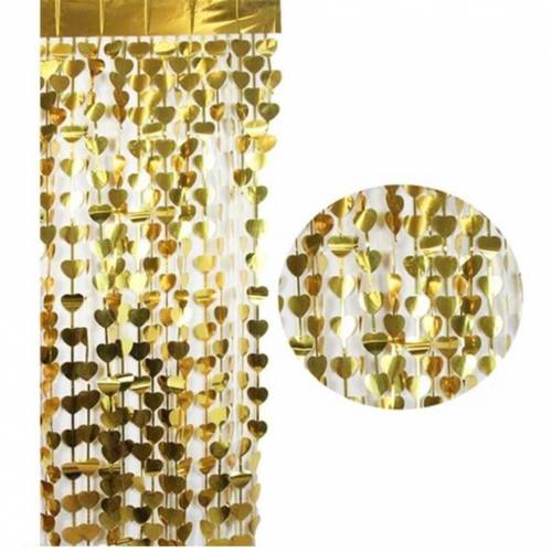 Gold Color Heart Shaped Metalized Fringed Backdrop Curtain Decoration