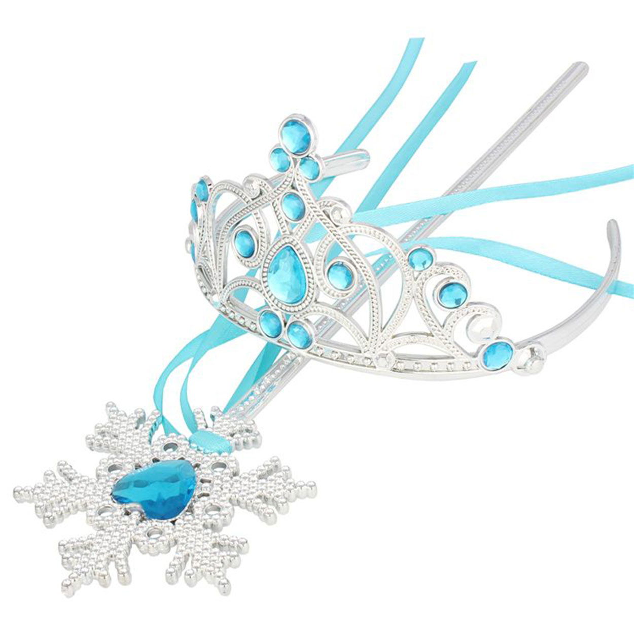 Blue Rhinestone Elsa Children's Crown and Snow Themed Elsa Wand Staff with Ribbon