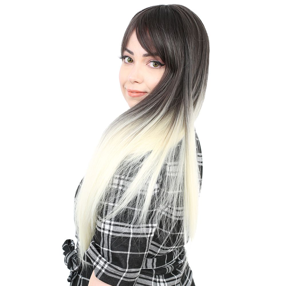 Kanekalon Fiber Synthetic Long Straight Bangs Wig / Ashy Black / Platinum Ombré