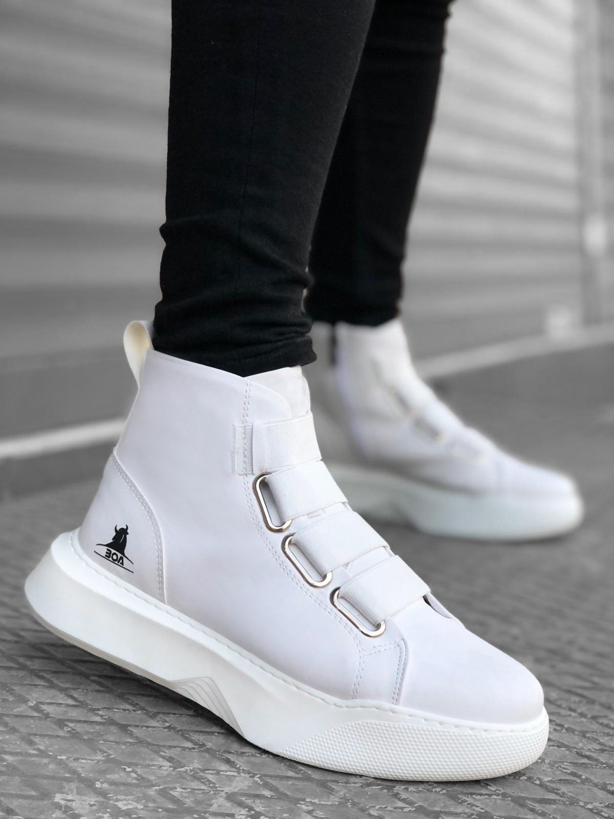 Men's High Sole White Sport Boots with Straps