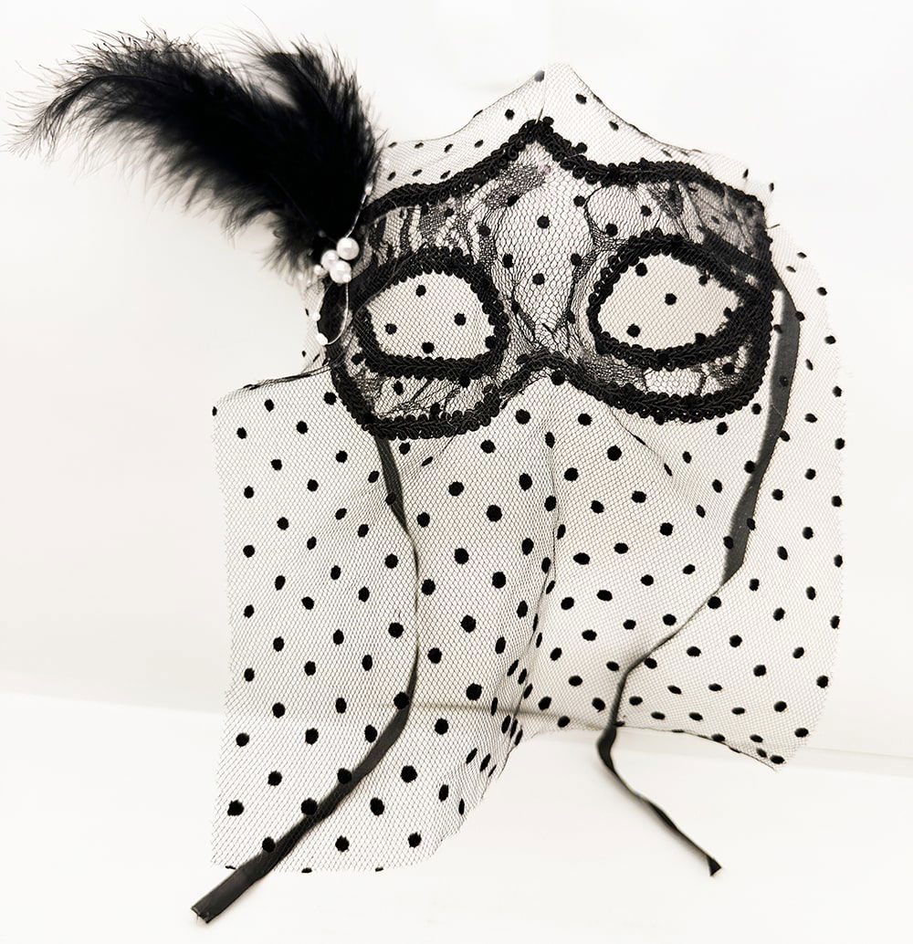 Black Color Black Polka Dot Veil Party Mask with Pearls