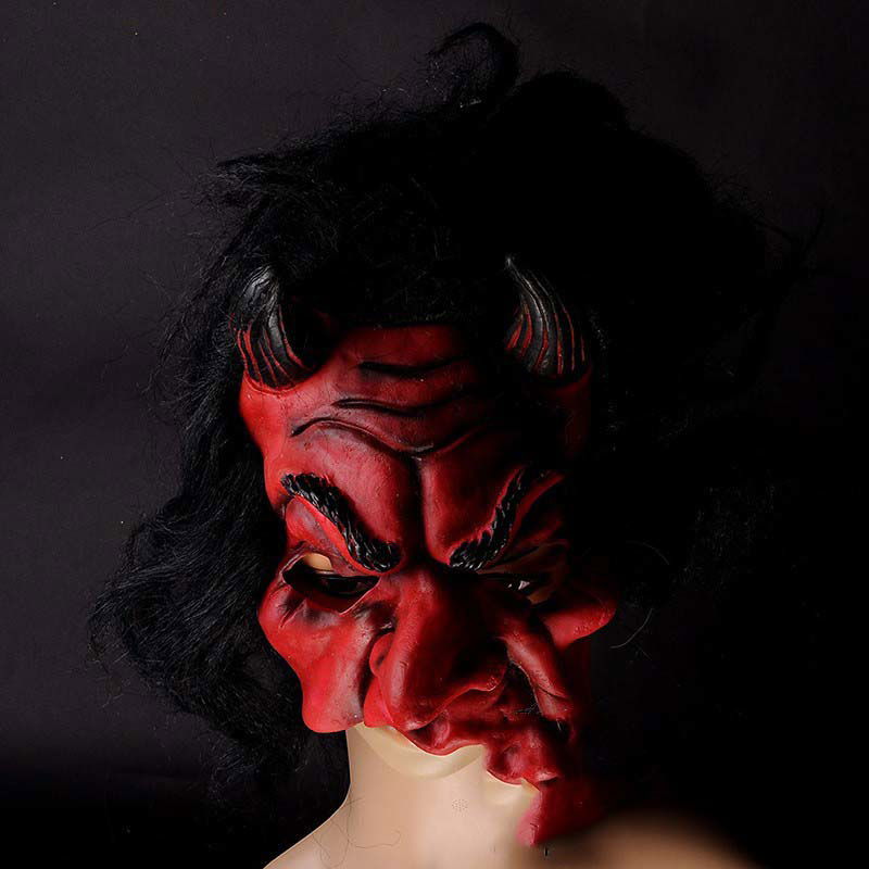 Latex Horror Mask Devil Horned Red Mask With Hair