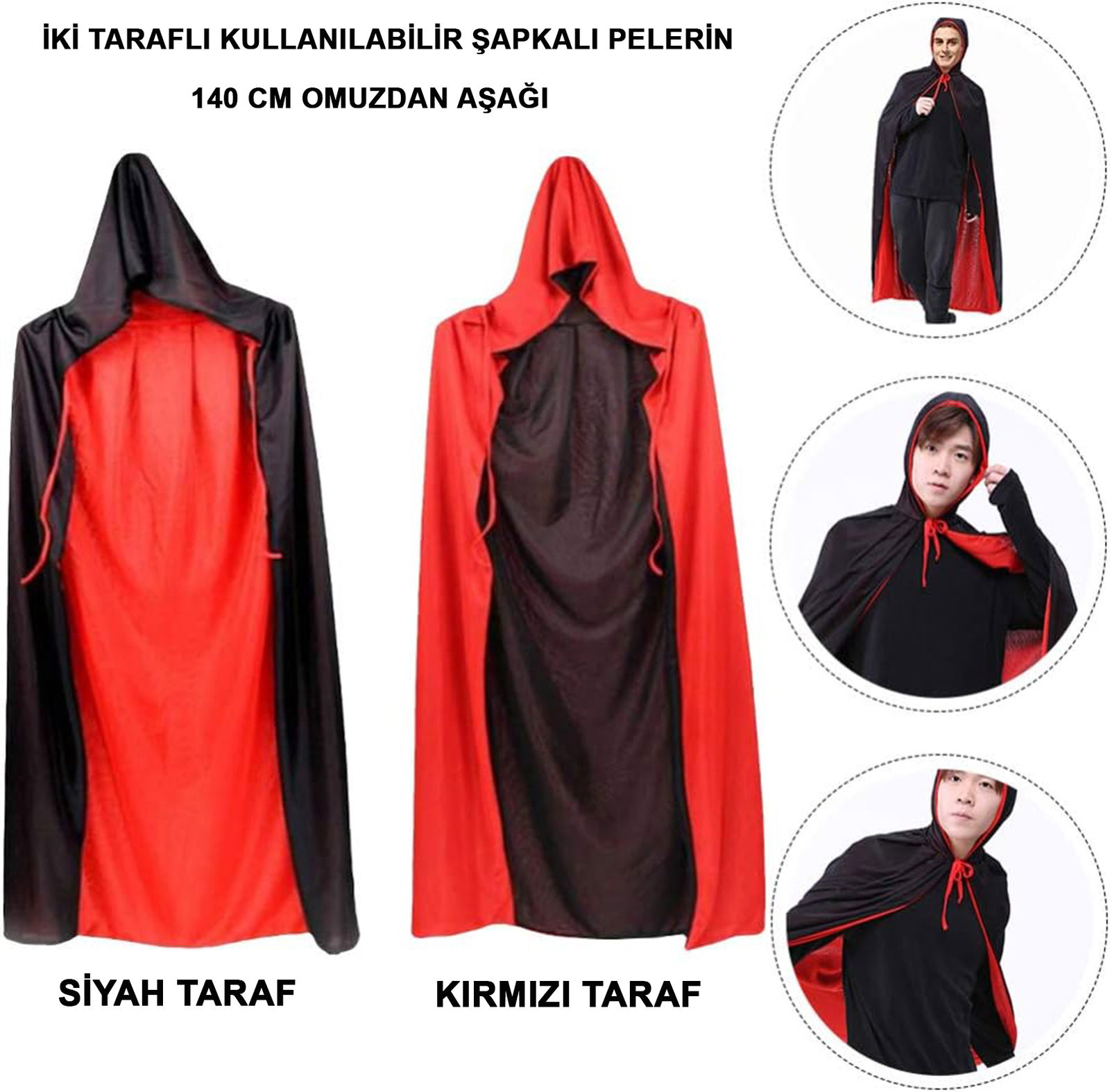 Reversible Black Red Hooded Cape 140 cm Adult