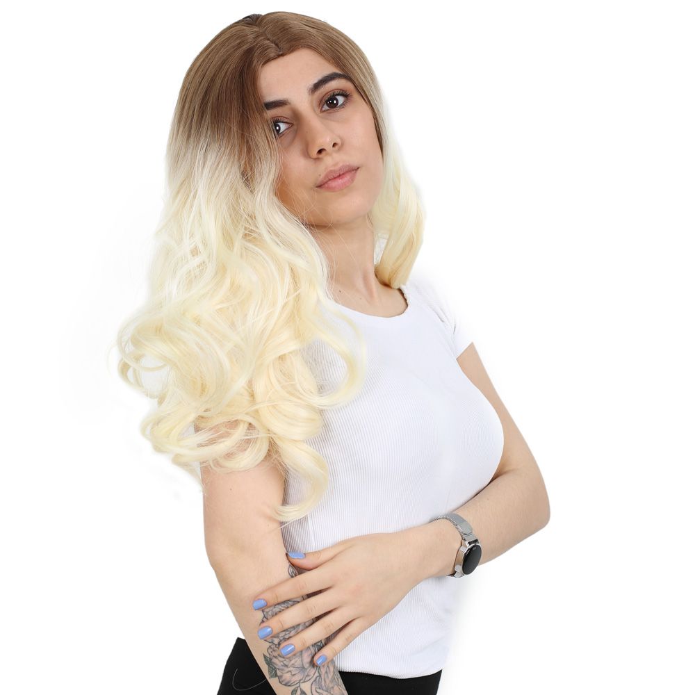 Super Dense Wavy Kanekalon Fiber Synthetic Long Bangs Wig / Balköp / Platinum Long Ombré