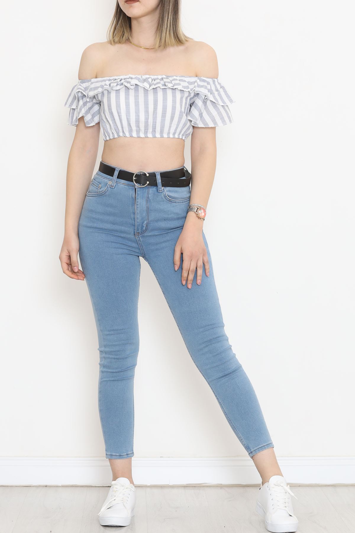 Striped Crop Blouse White-smoked