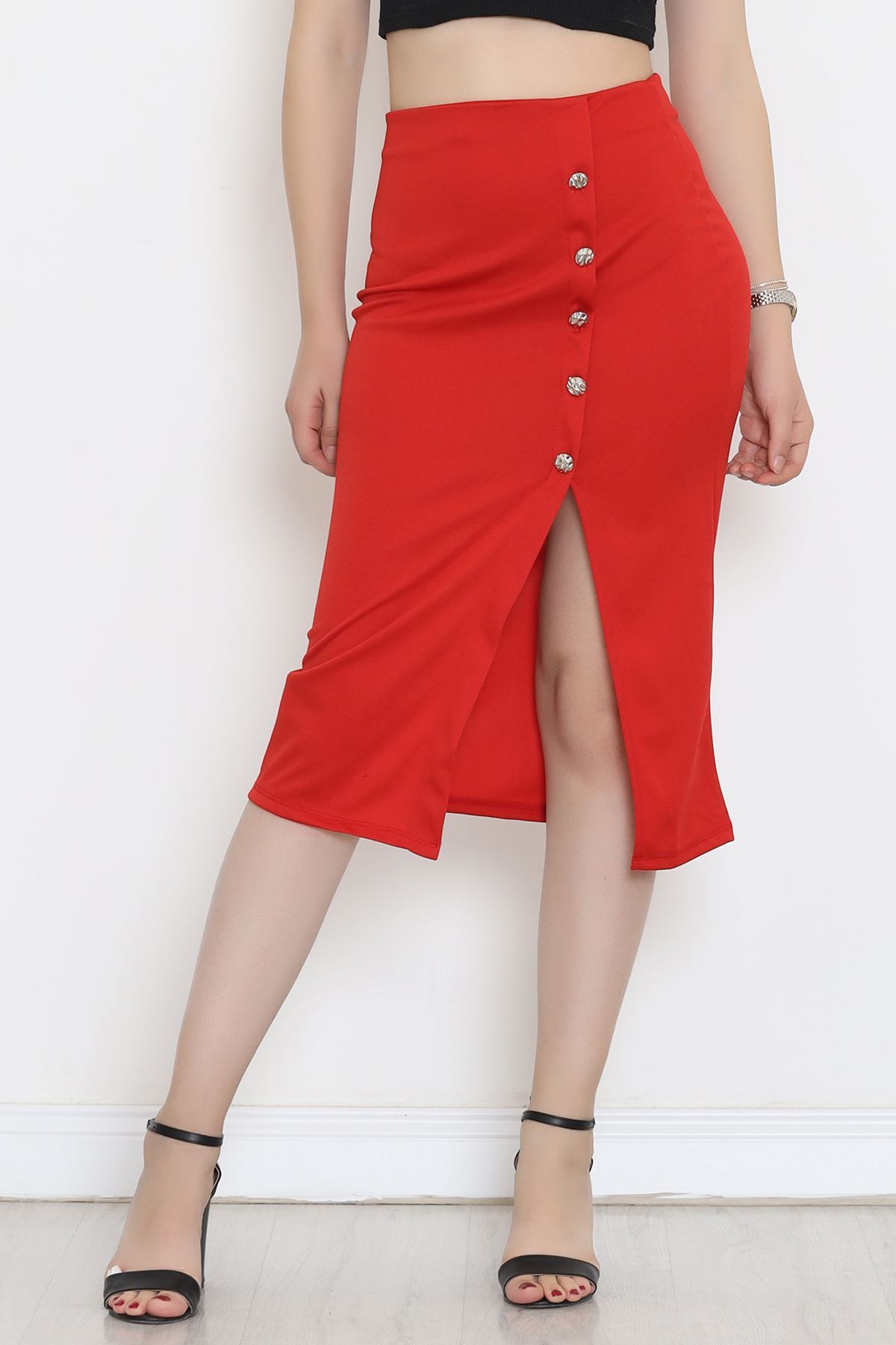 Buttoned Slit Skirt Red