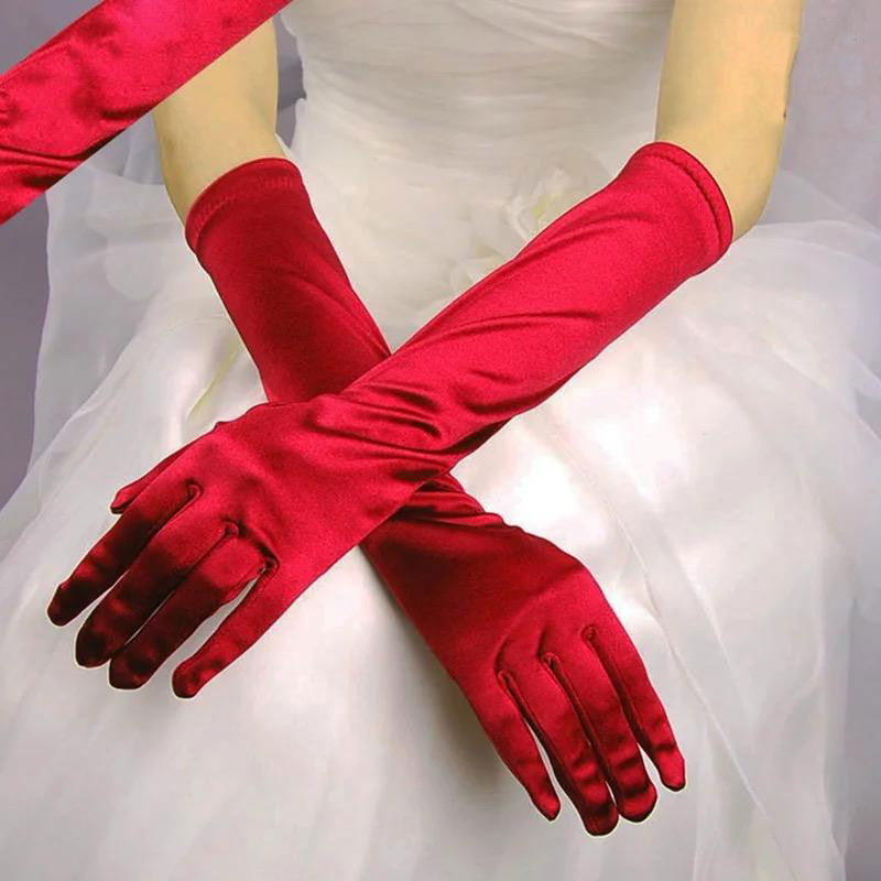 Long Extra Shiny Satin Gloves Red Color