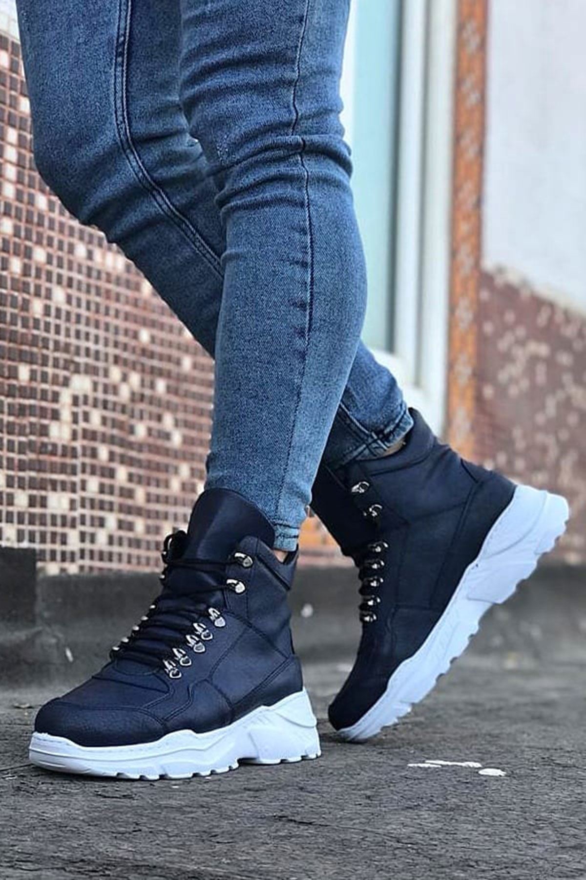 Navy Blue Long Lace-Up Boots