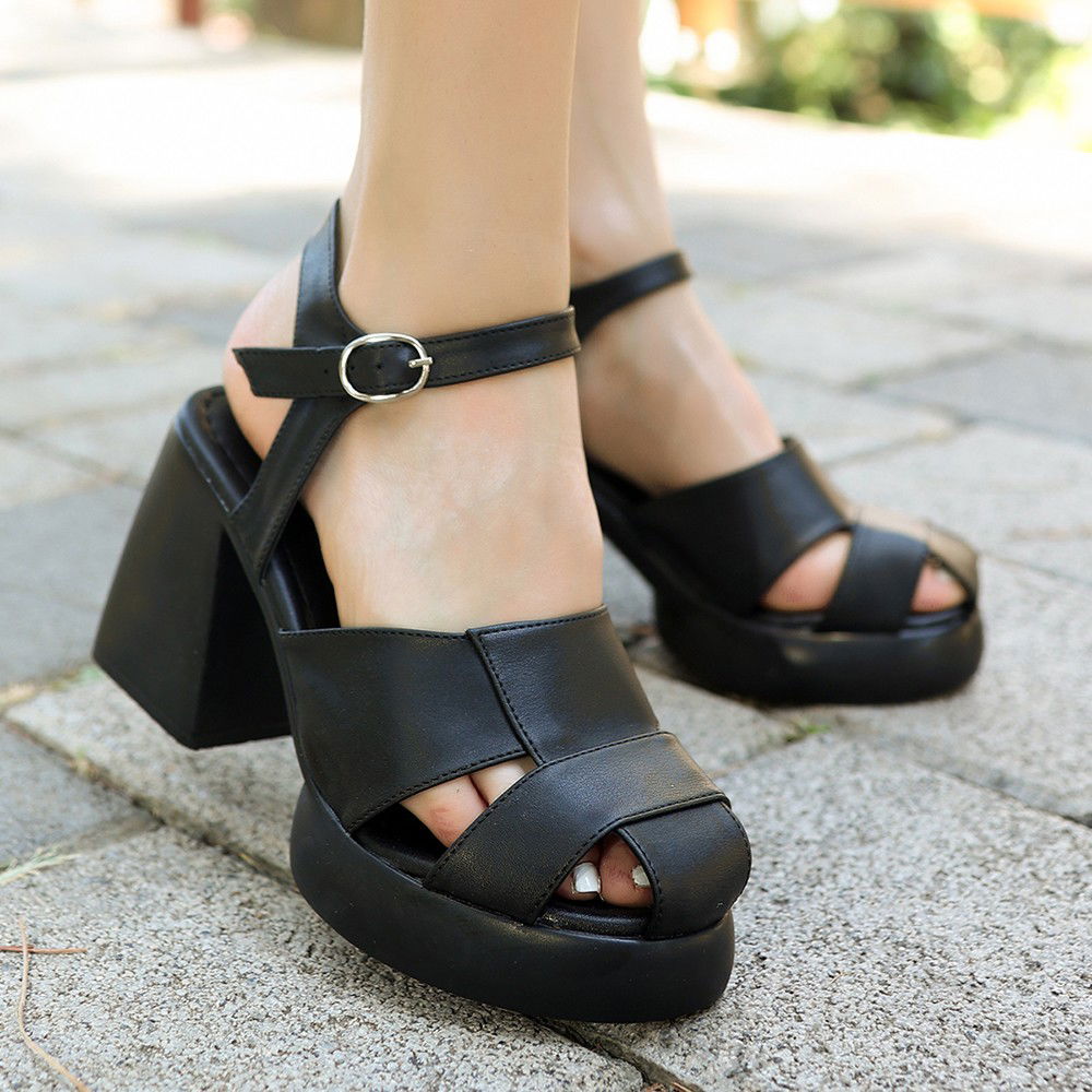 Black Skin Filled Heel Sandals