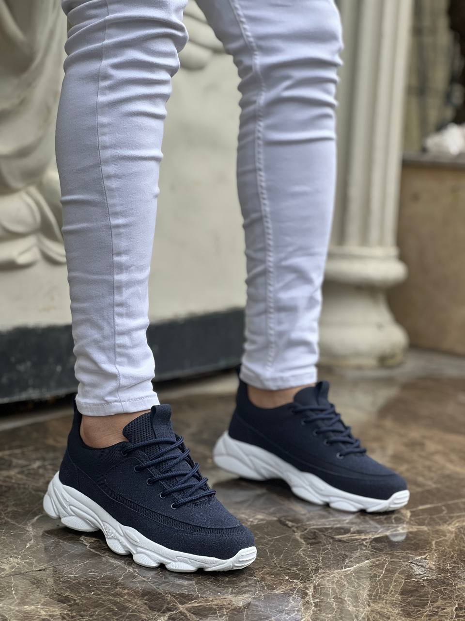 Navy Blue Suede High Sole Lace-up Casual Men's Shoes