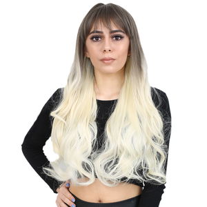 Long Wavy Kanekalon Fiber Synthetic Wig with Custom Bangs / Ashy Light Brown / Platinum Ombré