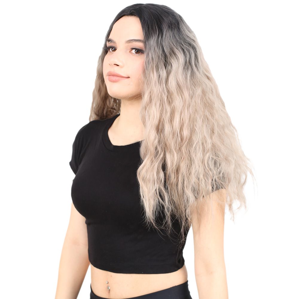 Fluffed Wavy Long Kanekalon Fiber Synthetic Wig / Black / Ashy Baby Yellow Ombré