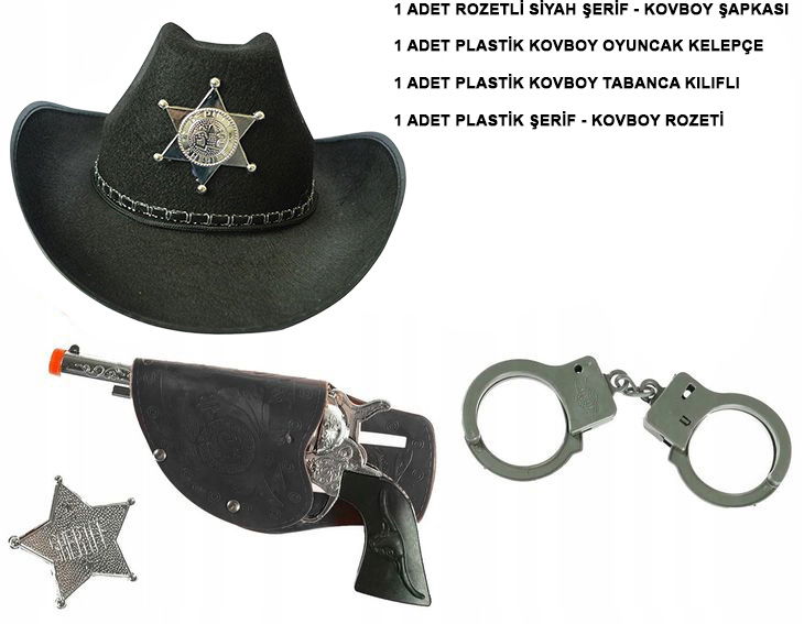 Child Size Black Sheriff-Cowboy Hat Pistol Badge and Handcuff Set 4 Piece