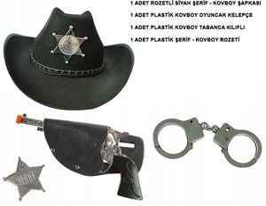 Child Size Black Sheriff-Cowboy Hat Pistol Badge and Handcuff Set 4 Piece