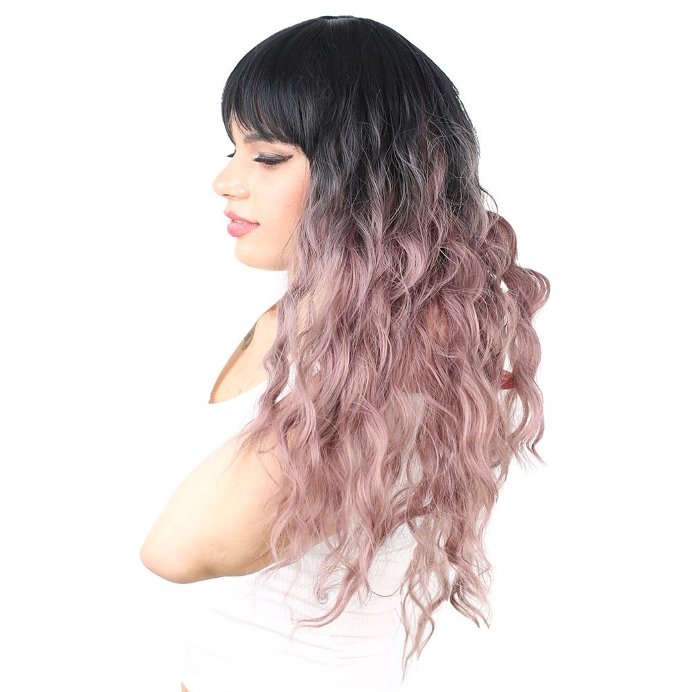 Kanekalon Fiber Synthetic Wig with Long Water Wavy Look with Special Bangs / Black / Rose Dried Ombré