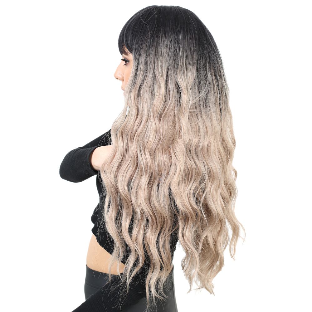 Long Water Wavy Look Kanekalon Fiber Synthetic Wig with Custom Bangs / Black / Ashy Baby Yellow Ombré