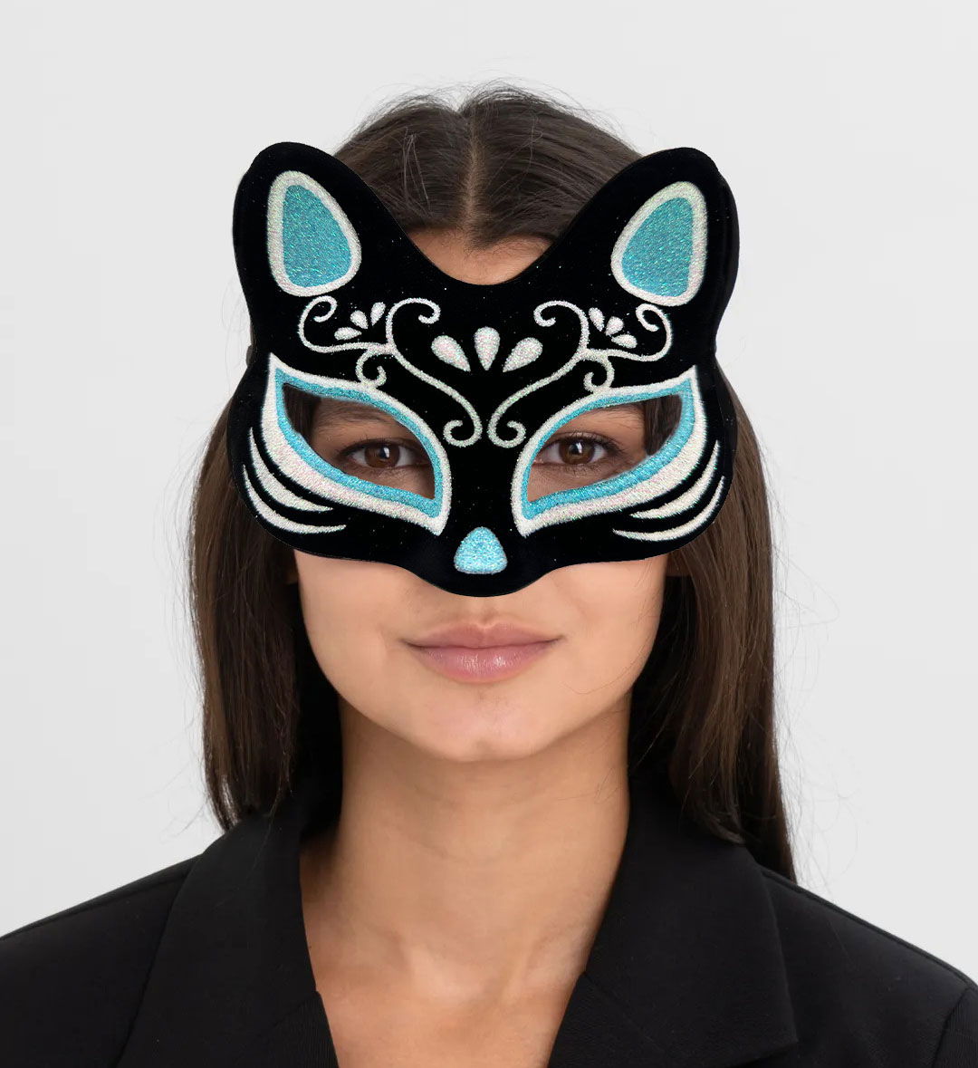 Black Color Suede Coating with Silver Blue Glitter Cat Mask 17x14 cm