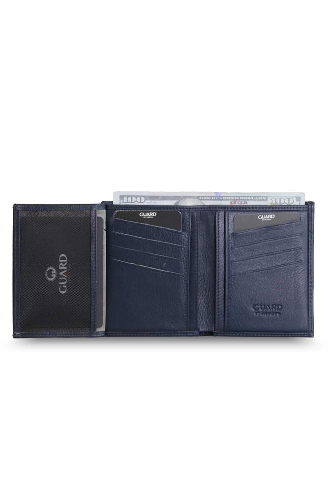 Navy Blue Leather Men's Wallet with Cross Card Compartment