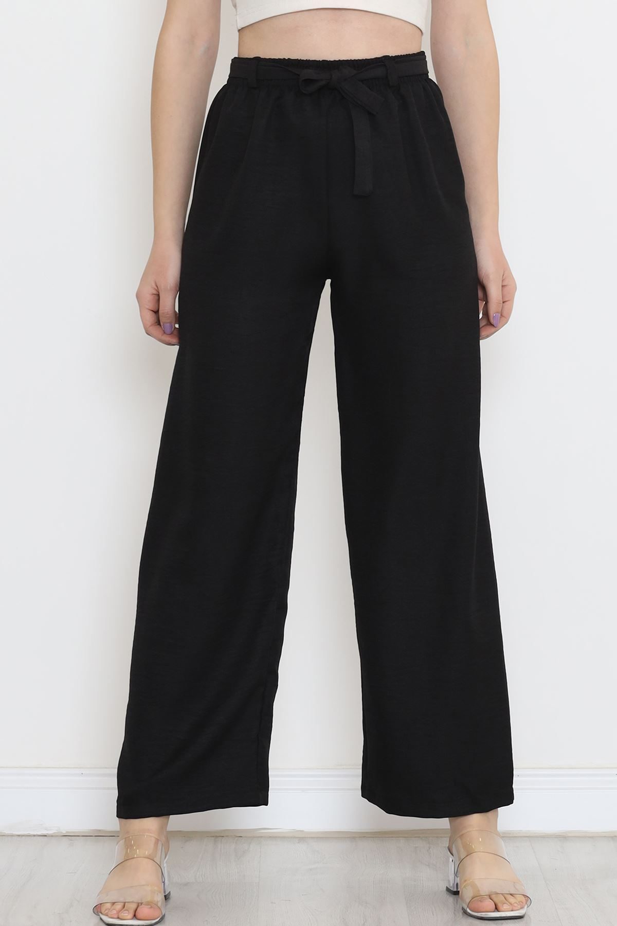 Waist Belted Linen Pants Black