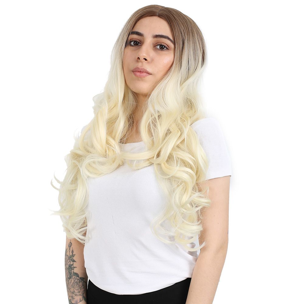 Super Dense Wavy Kanekalon Fiber Synthetic Long Bangs Wig / Auburn / Platinum Ombré