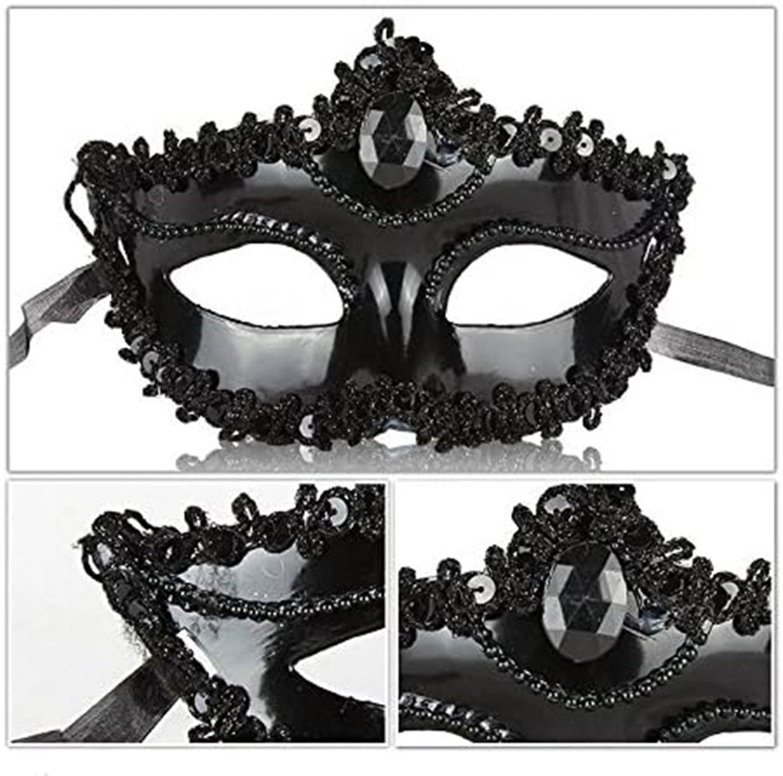 Black Color Matte Party Mask Venetian Prom With Ruched Stone Edges