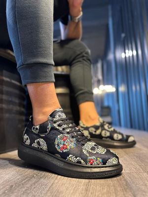 High Sole Colorful Printed Casual Shoes Black Skull