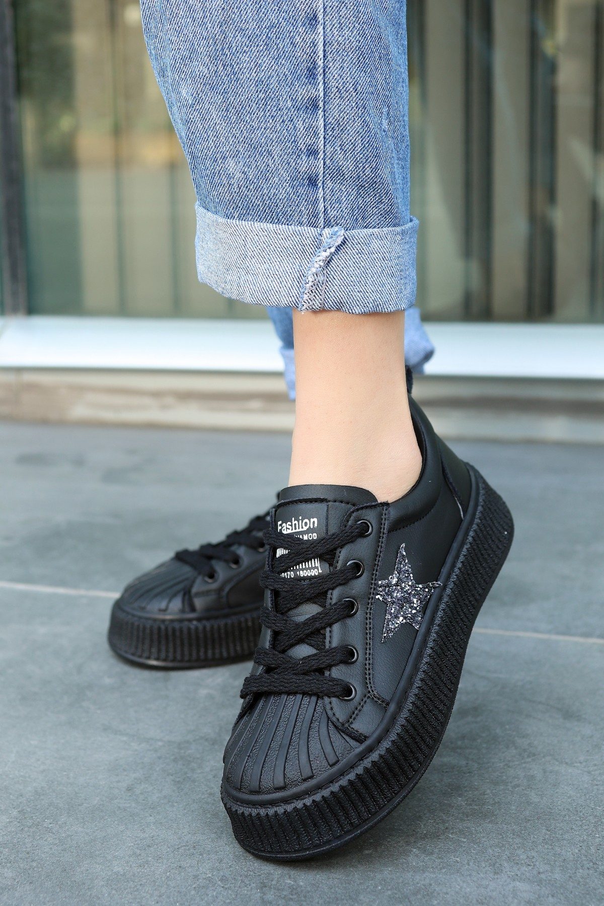 Black Skin Lace-Up Sneakers