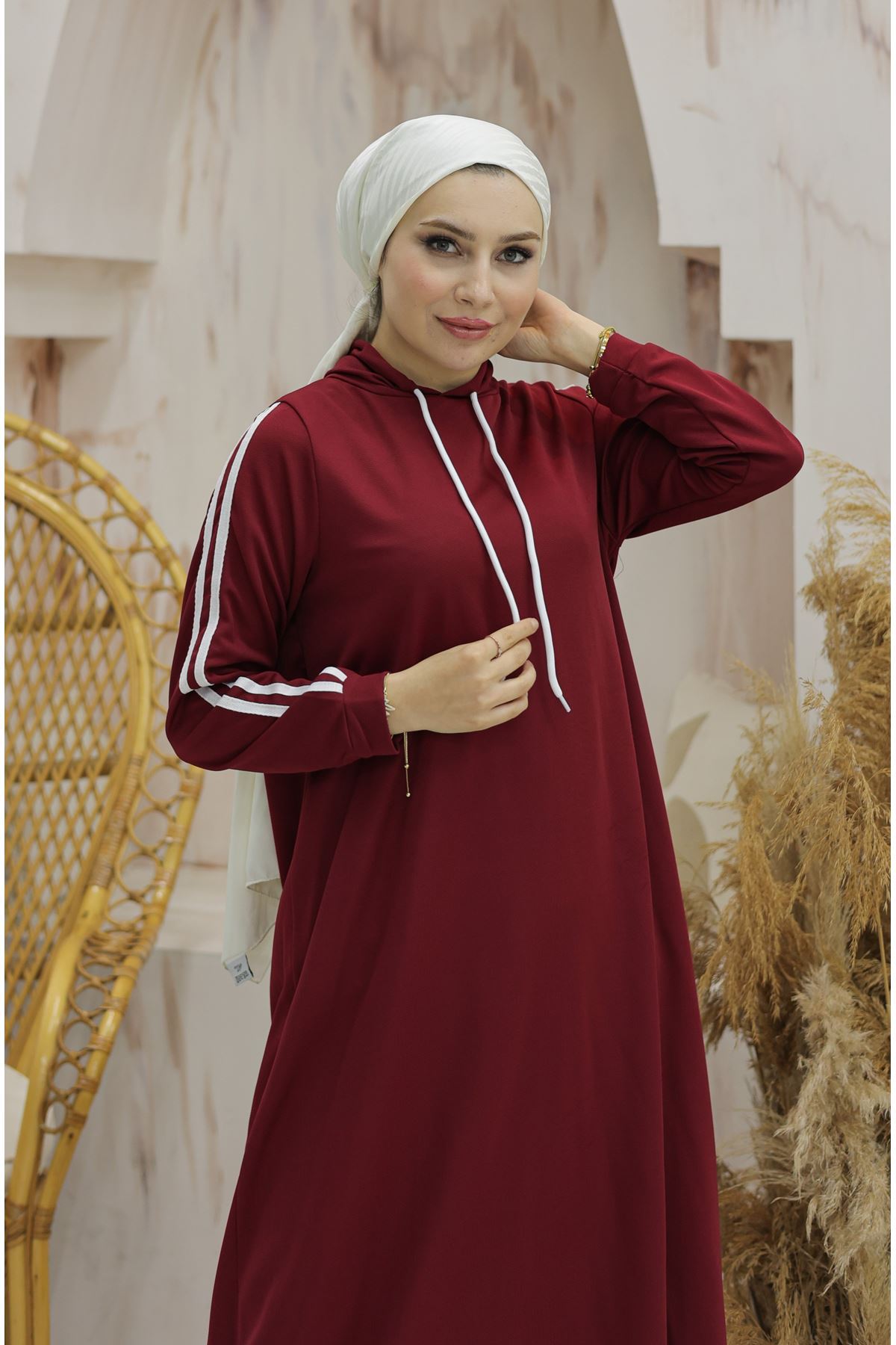 Hooded Stripe Detailed Dress Burgundy