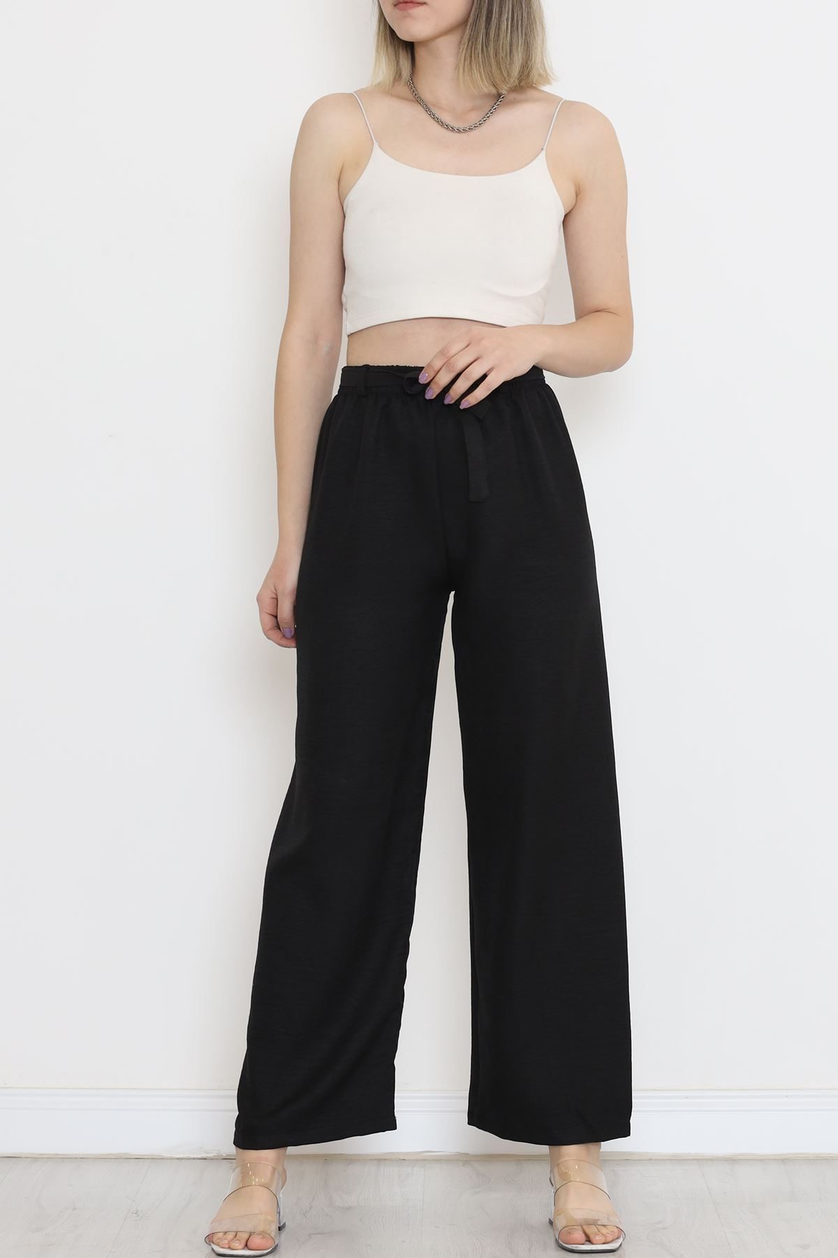 Waist Belted Linen Pants Black