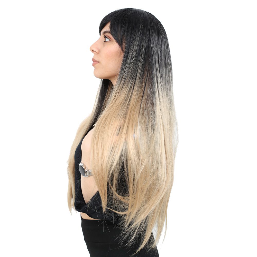 Kanekalon Fiber Synthetic Wig with Long Straight Bangs / Black / Pumpkin Ombré