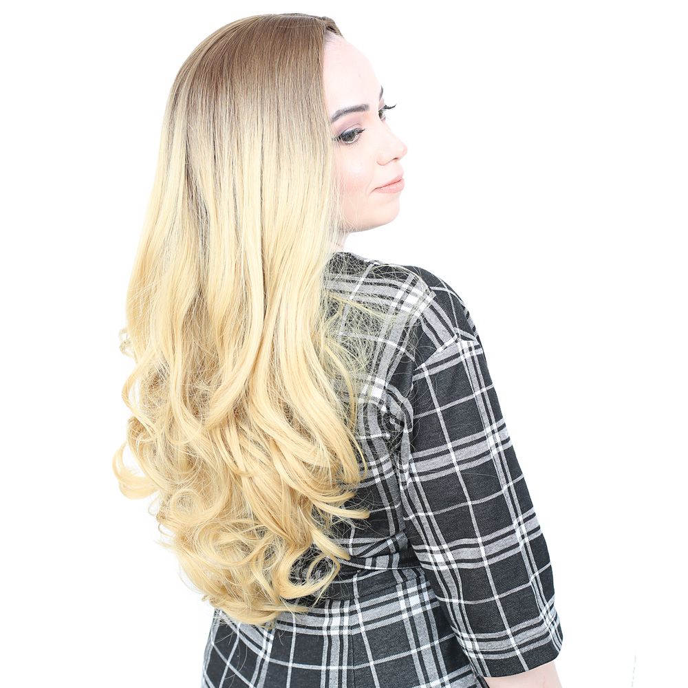 Super Dense Wavy Kanekalon Fiber Synthetic Long Bangs Wig / Auburn / Yellow Ombré