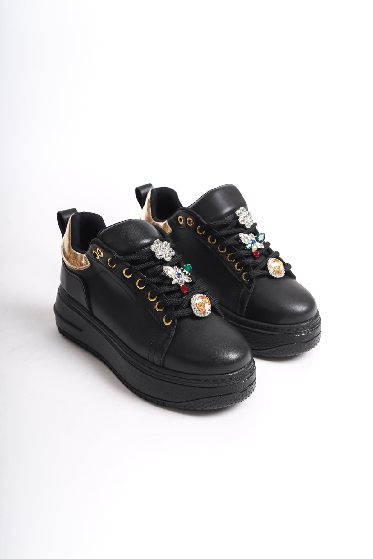 CLZ948 Lace-up Orthopedic Sole Colorful Stone Decor Women's Sneaker Shoes ST Black/Gold