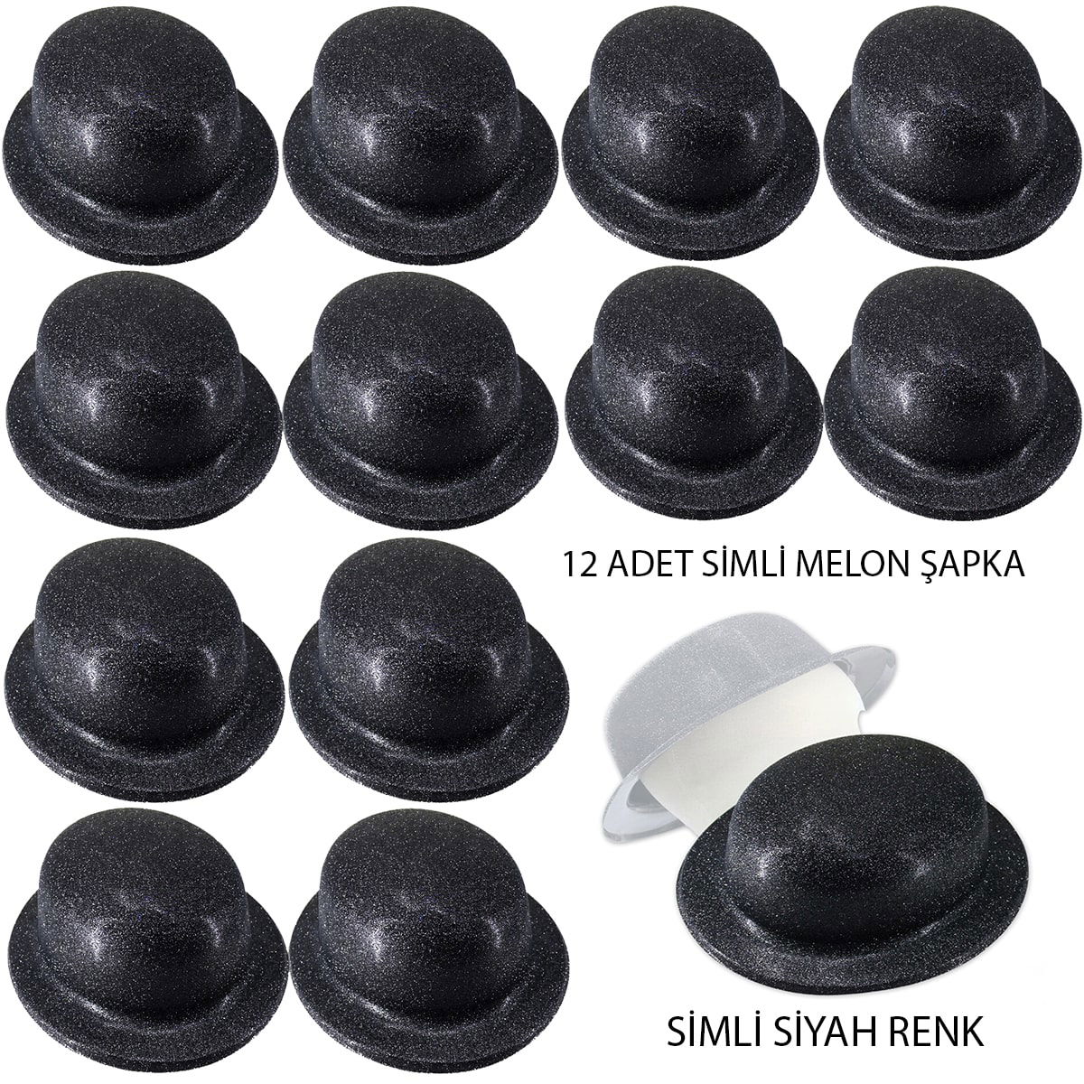 Black Color Silvery Bowler Round Party Hat 12 Pcs