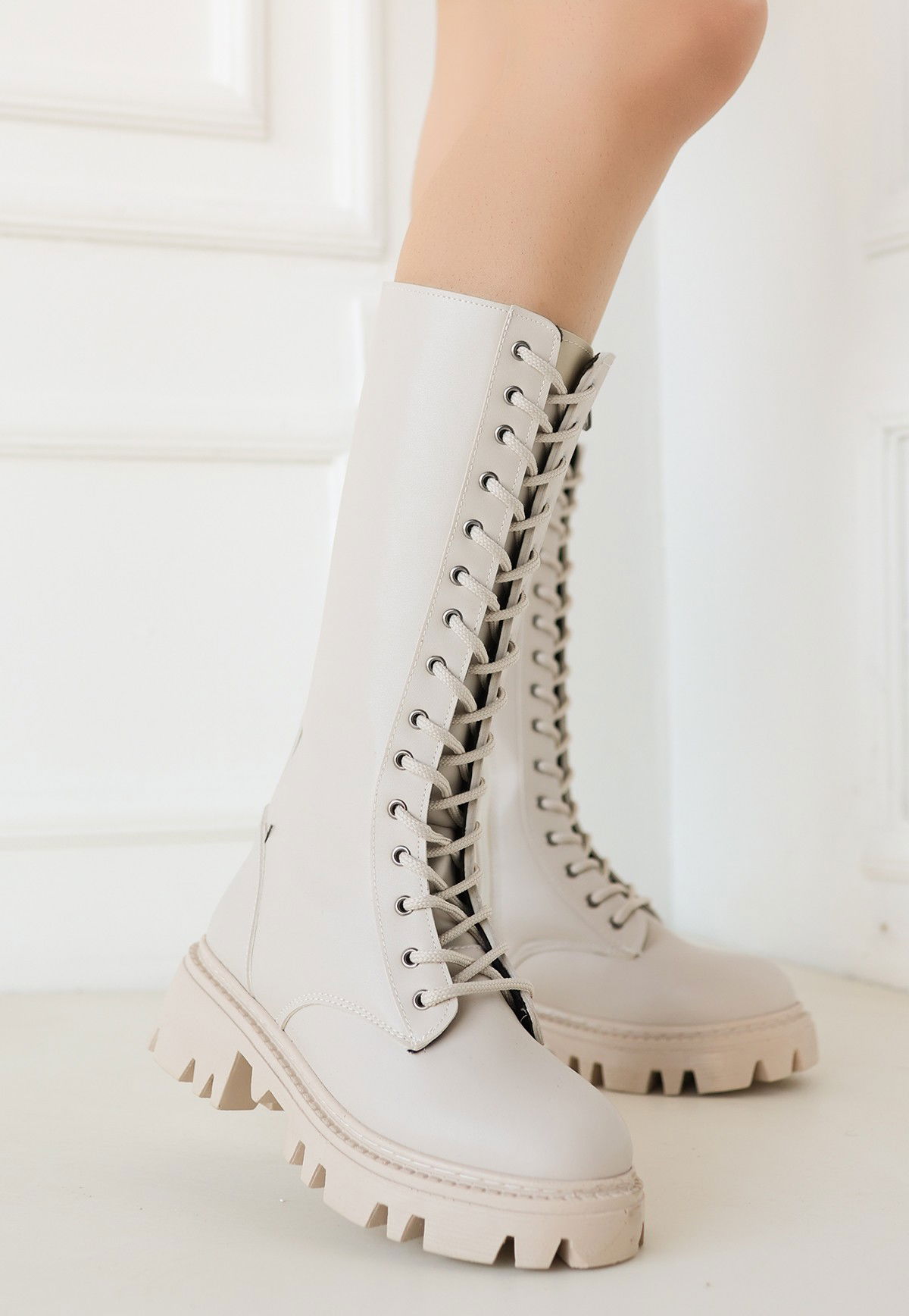 Beige Skin Lace-up Boots