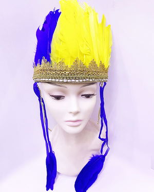 Yellow Navy Blue Color Feathered Indian Headgear | Fan Headgear