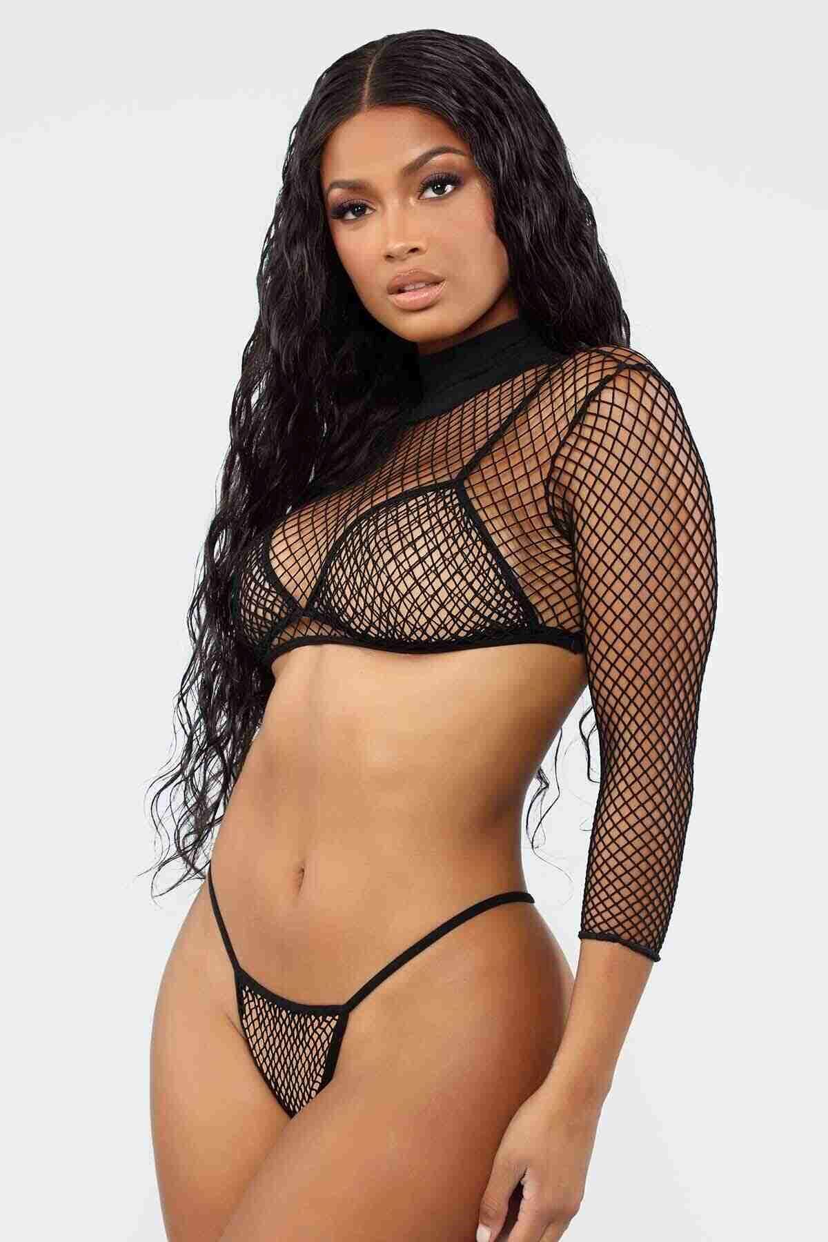 Bustier Mesh Bra Panty Set Black