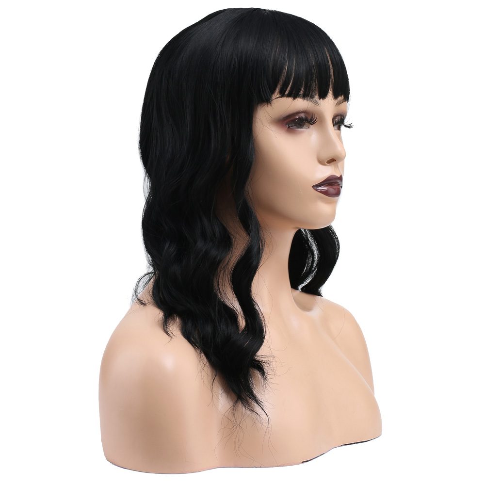 Kanekalon Fiber Synthetic Wig with Wavy Short Custom Bangs / Black