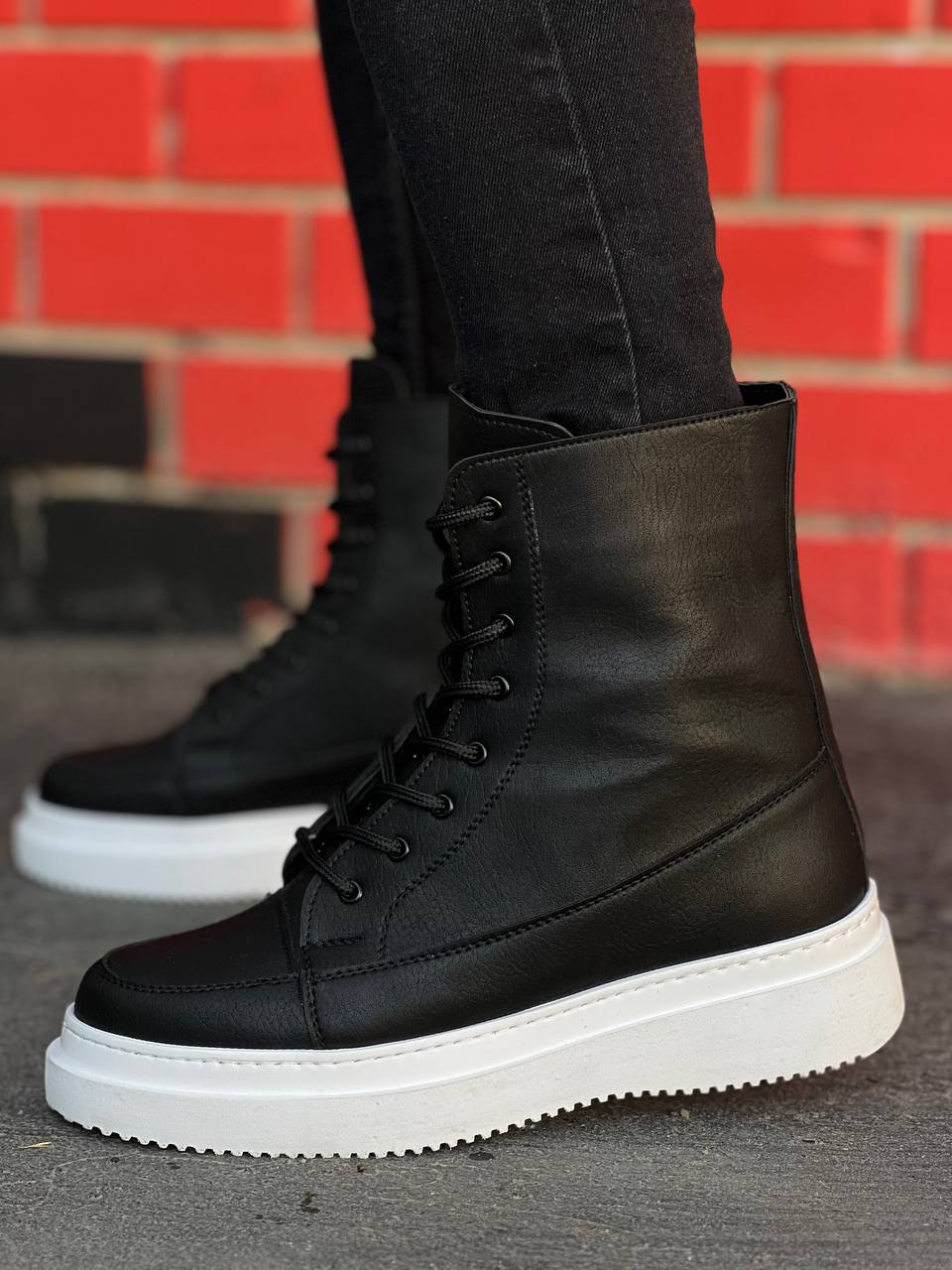 Black Skin High Sole Lace-Up Boots