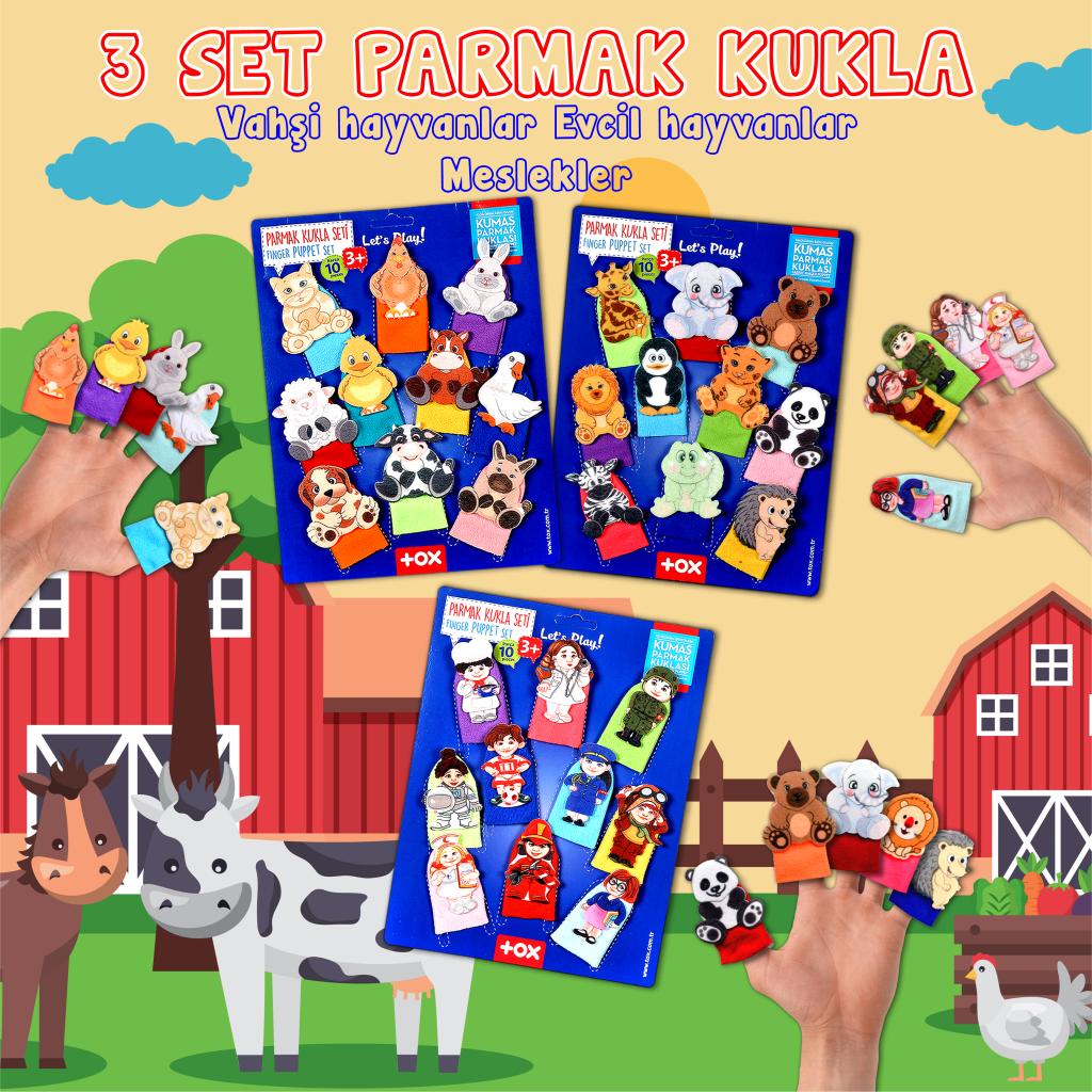 3 Set - 30 Pieces Domestic, Wild Animals and Professions Finger Puppet