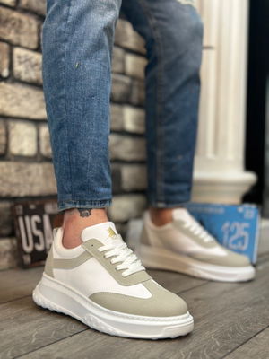 Thick High Sole White Gray Lace-Up Sneakers For Men