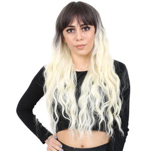 Kanekalon Fiber Synthetic Wig / Ashy Black / Platinum Ombré Long Water Wavy Look with Special Bangs