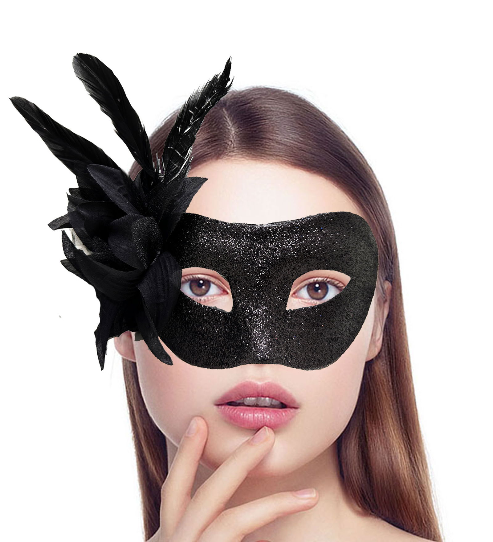 Black Color Metallized Glitter Look Shiny Feather Party Mask 22x19 cm