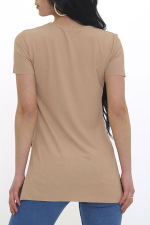 V-Neck T-Shirt with Slits Milky-coffee