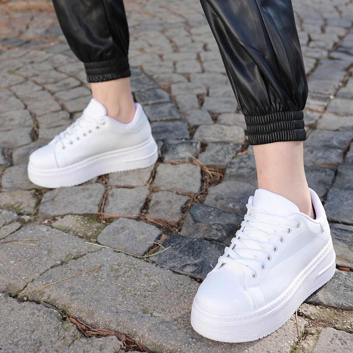 White Skin Lace-Up Sneakers