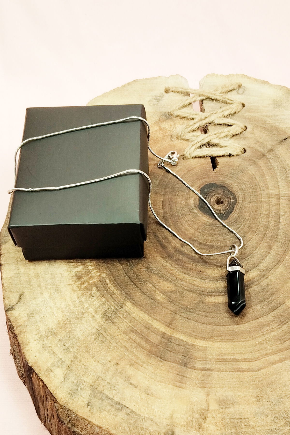 Obsidian Natural Stone Chain Necklace with Handmade Design Pendant: 3.5 cm Chain: 20 cm Boxed