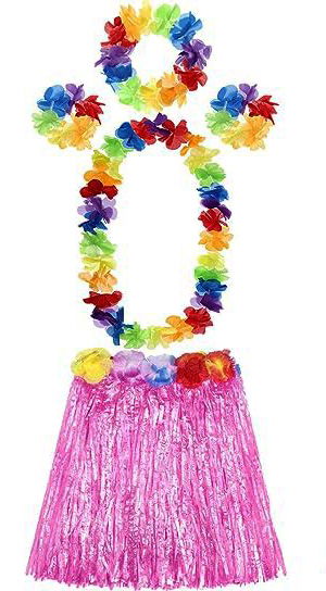 Adult and Child Compatible Luau Aloha Hawaiian Pink Skirt and Colorful Necklace Crown 2 Piece Bracelet Set