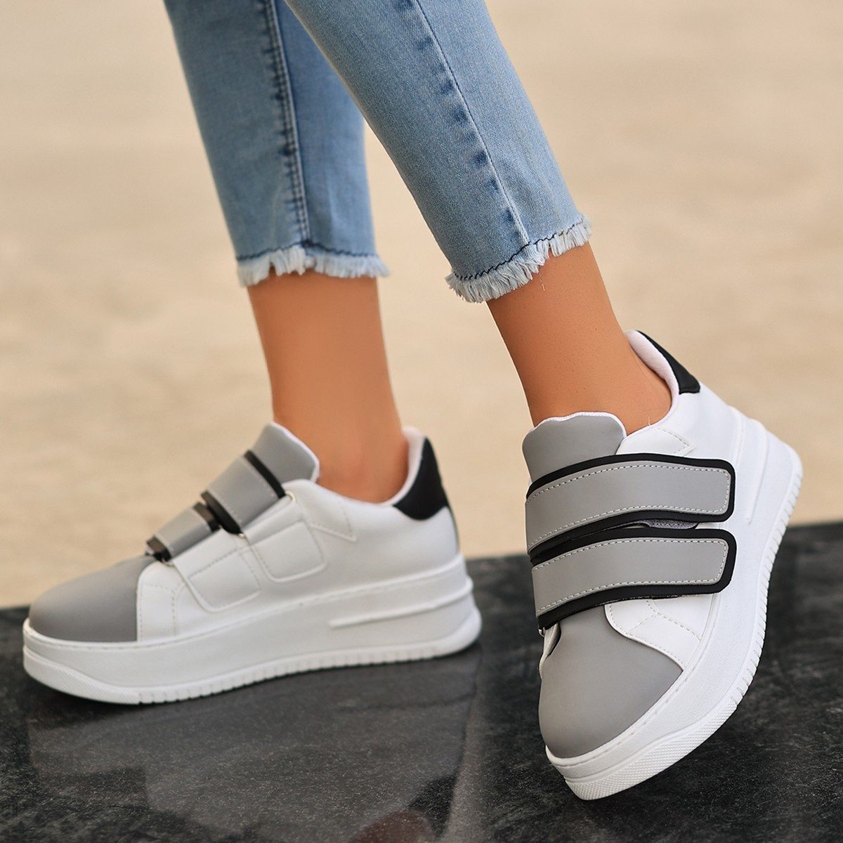 White Skin Gray Detailed Sneakers