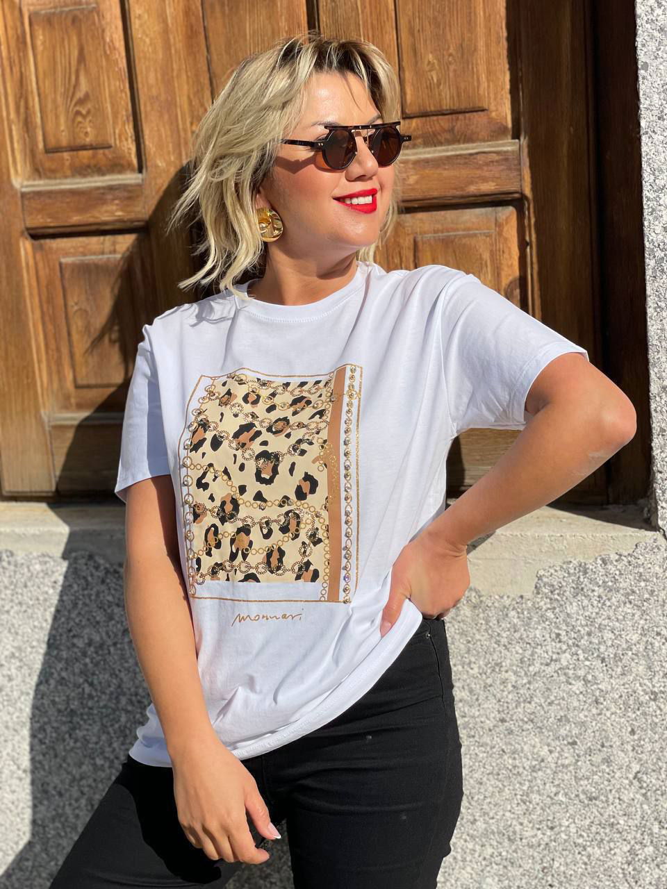 Leopard Pattern Bright Stone Embroidered Cotton T-shirt Lycra