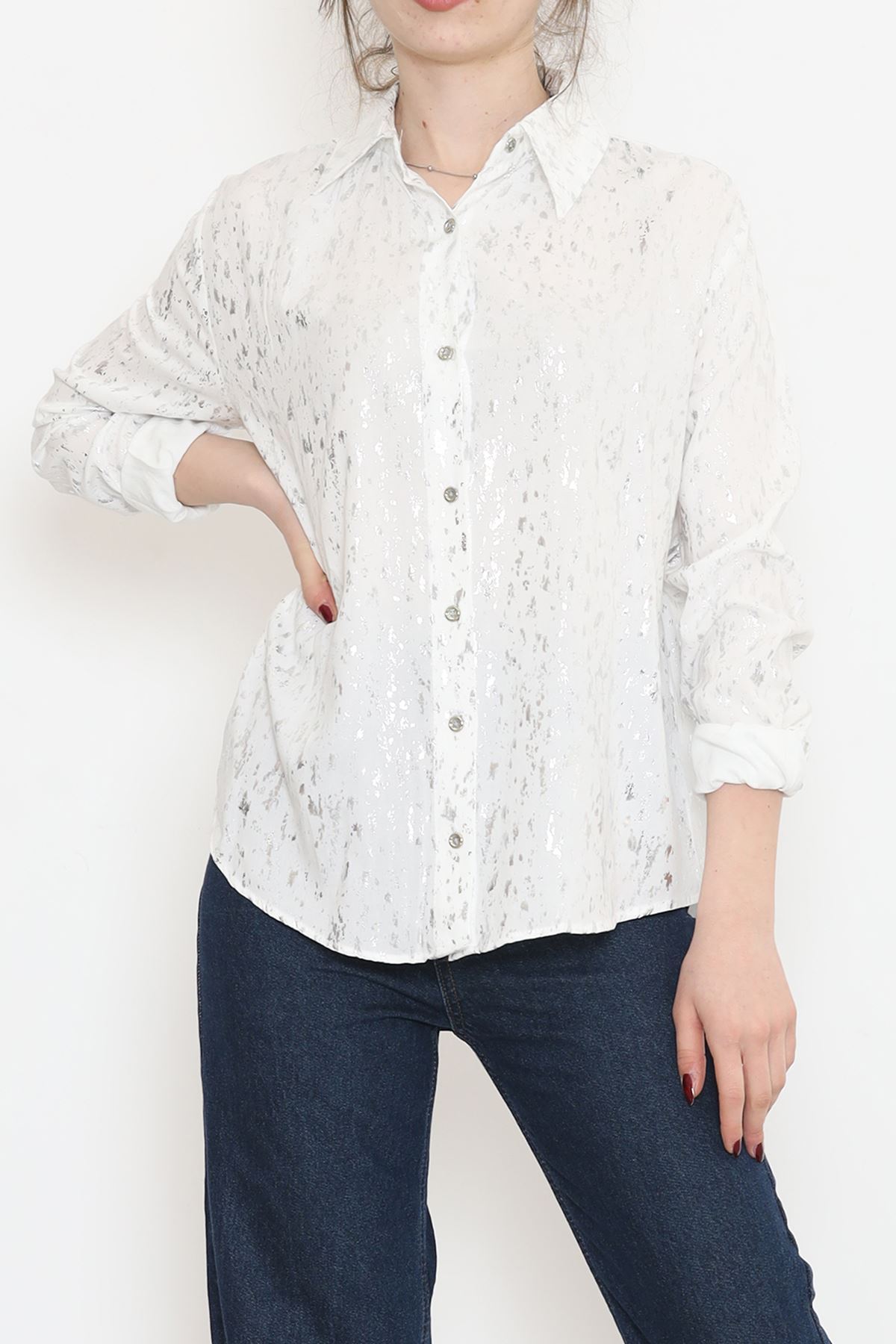 Patterned Foil Shirt White-Silver